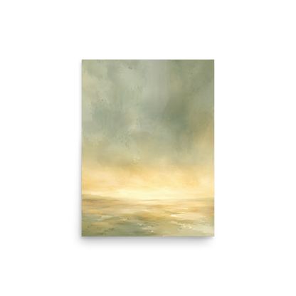 Minimalist sunrise poster featuring a glowing ocean horizon with soft sage green, warm gold, and watercolor textures.