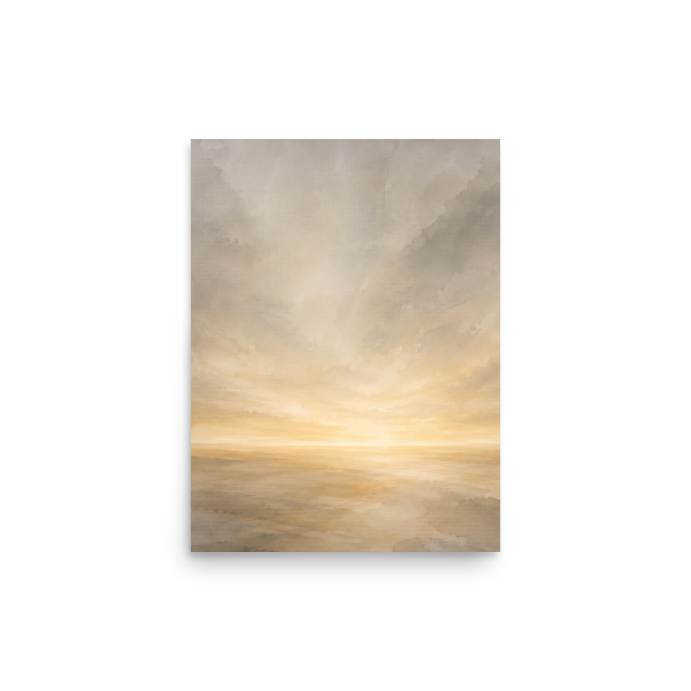 Minimalist sunrise poster featuring a glowing ocean horizon with soft neutral watercolor textures in ivory, beige, and warm gold.
