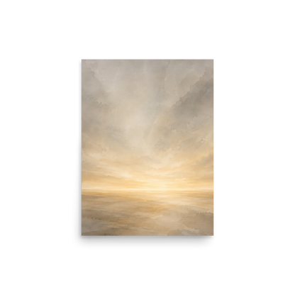 Minimalist sunrise poster featuring a glowing ocean horizon with soft neutral watercolor textures in ivory, beige, and warm gold.