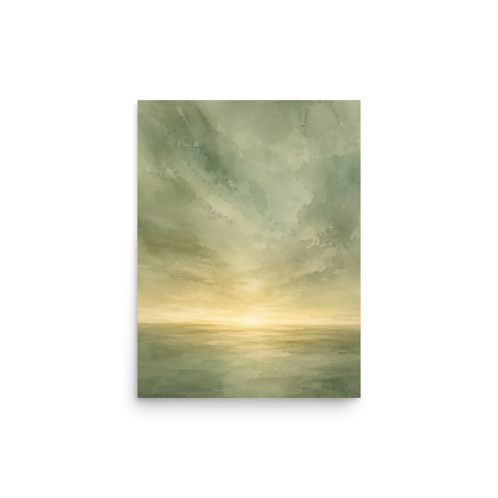 Minimalist sunrise poster featuring a glowing ocean horizon with soft sage green watercolor textures and warm golden light.