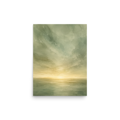 Minimalist sunrise poster featuring a glowing ocean horizon with soft sage green watercolor textures and warm golden light.
