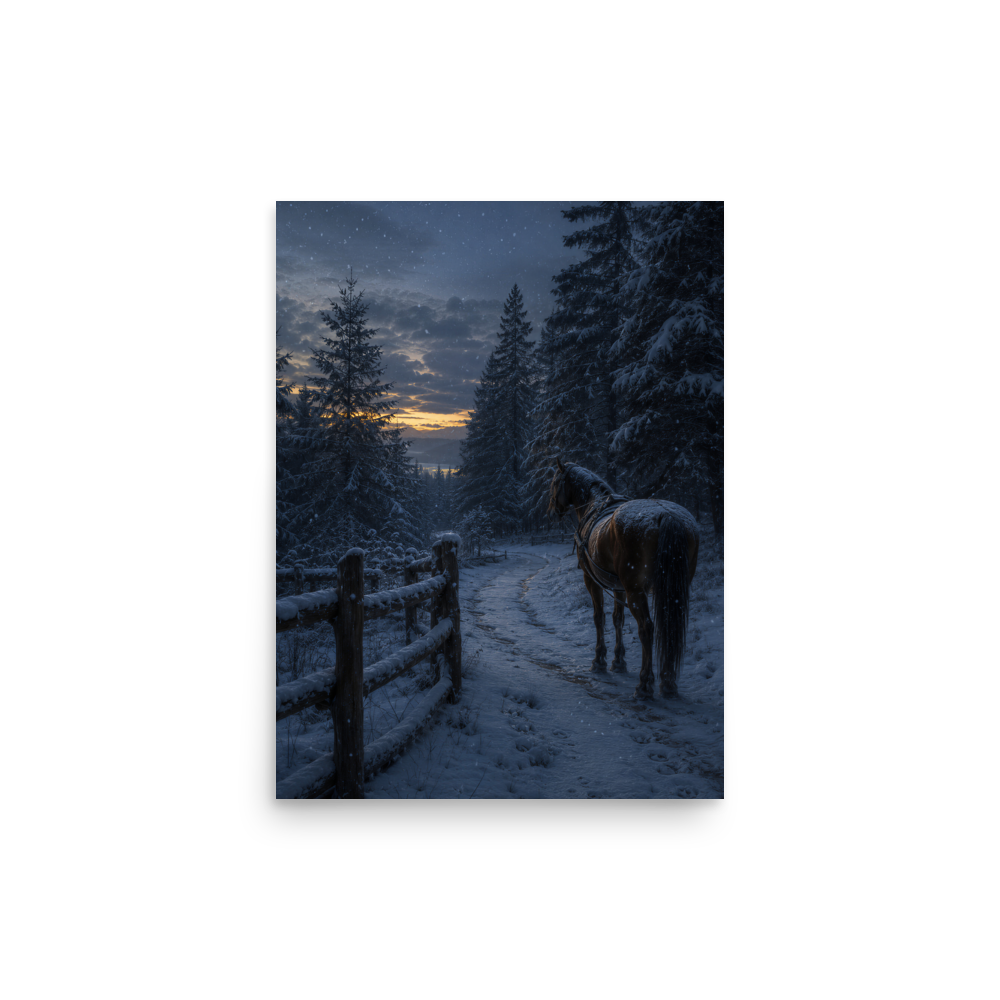 Winter forest poster with a lone horse on a snowy path at dusk, inspired by Robert Frost's Miles to go, original Visual Poetry artwork.