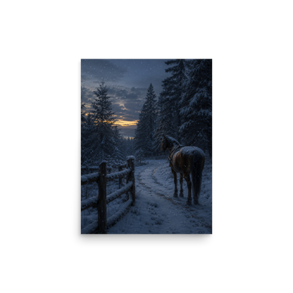 Winter forest poster with a lone horse on a snowy path at dusk, inspired by Robert Frost's Miles to go, original Visual Poetry artwork.