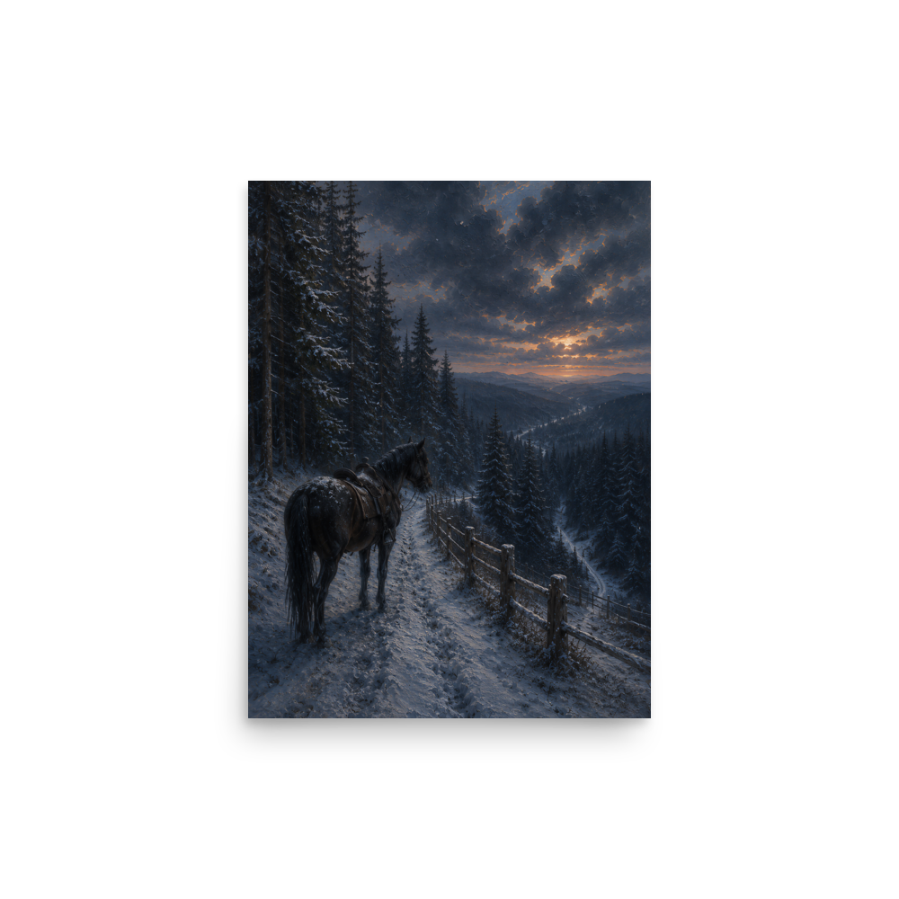 Mountain trail poster with a lone horse on a snowy winter path at sunset, inspired by Robert Frost’s The Road Not Taken, original Visual Poetry artwork.
