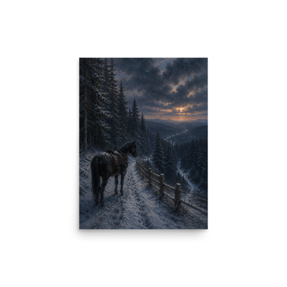 Mountain trail poster with a lone horse on a snowy winter path at sunset, inspired by Robert Frost’s The Road Not Taken, original Visual Poetry artwork.
