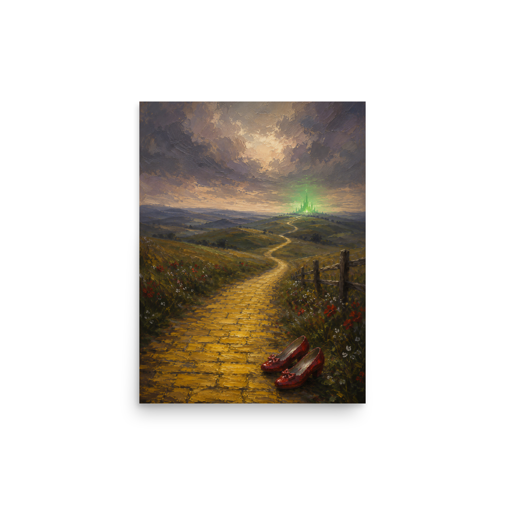 Yellow Brick Road poster featuring ruby slippers beside a winding golden path leading toward a distant emerald city, inspired by There's No Place Like Home, original Visual Poetry artwork.