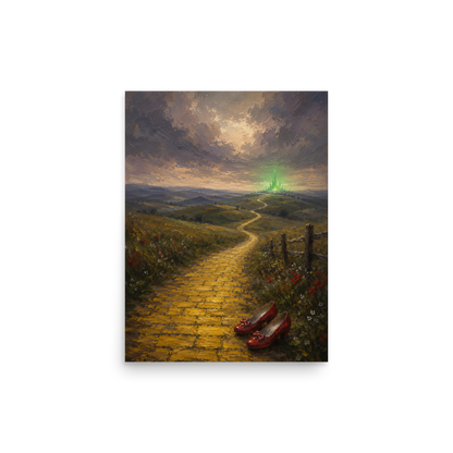Yellow Brick Road poster featuring ruby slippers beside a winding golden path leading toward a distant emerald city, inspired by There's No Place Like Home, original Visual Poetry artwork.