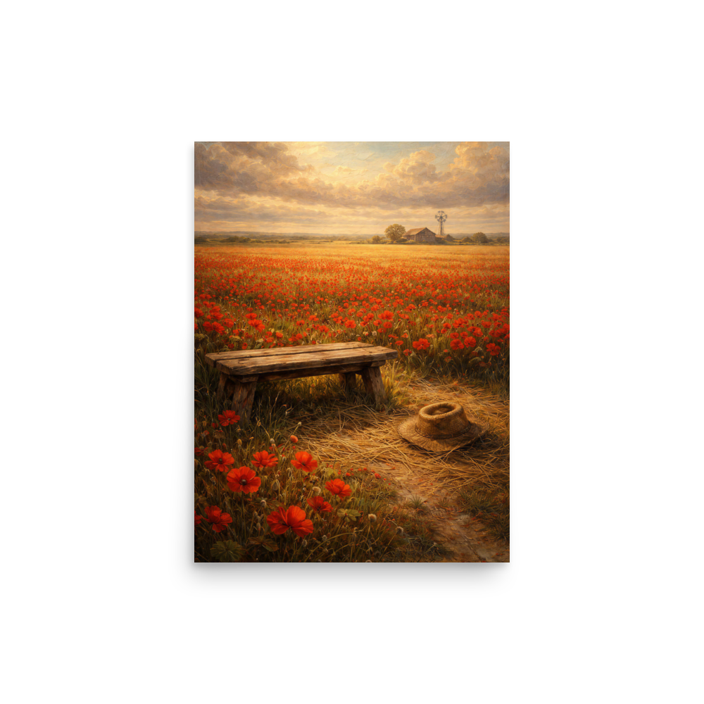 Poppy Field poster featuring a rustic bench, straw hat, and a vast field of red poppies beneath a glowing countryside sky, inspired by The Deadly Poppy Field, original Visual Poetry artwork.