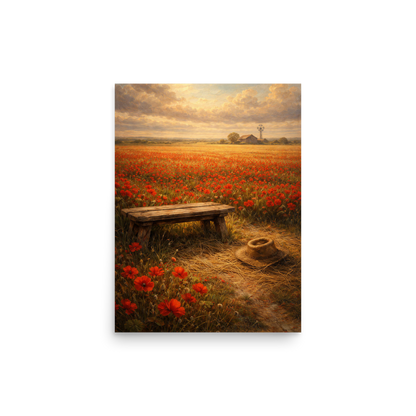 Poppy Field poster featuring a rustic bench, straw hat, and a vast field of red poppies beneath a glowing countryside sky, inspired by The Deadly Poppy Field, original Visual Poetry artwork.