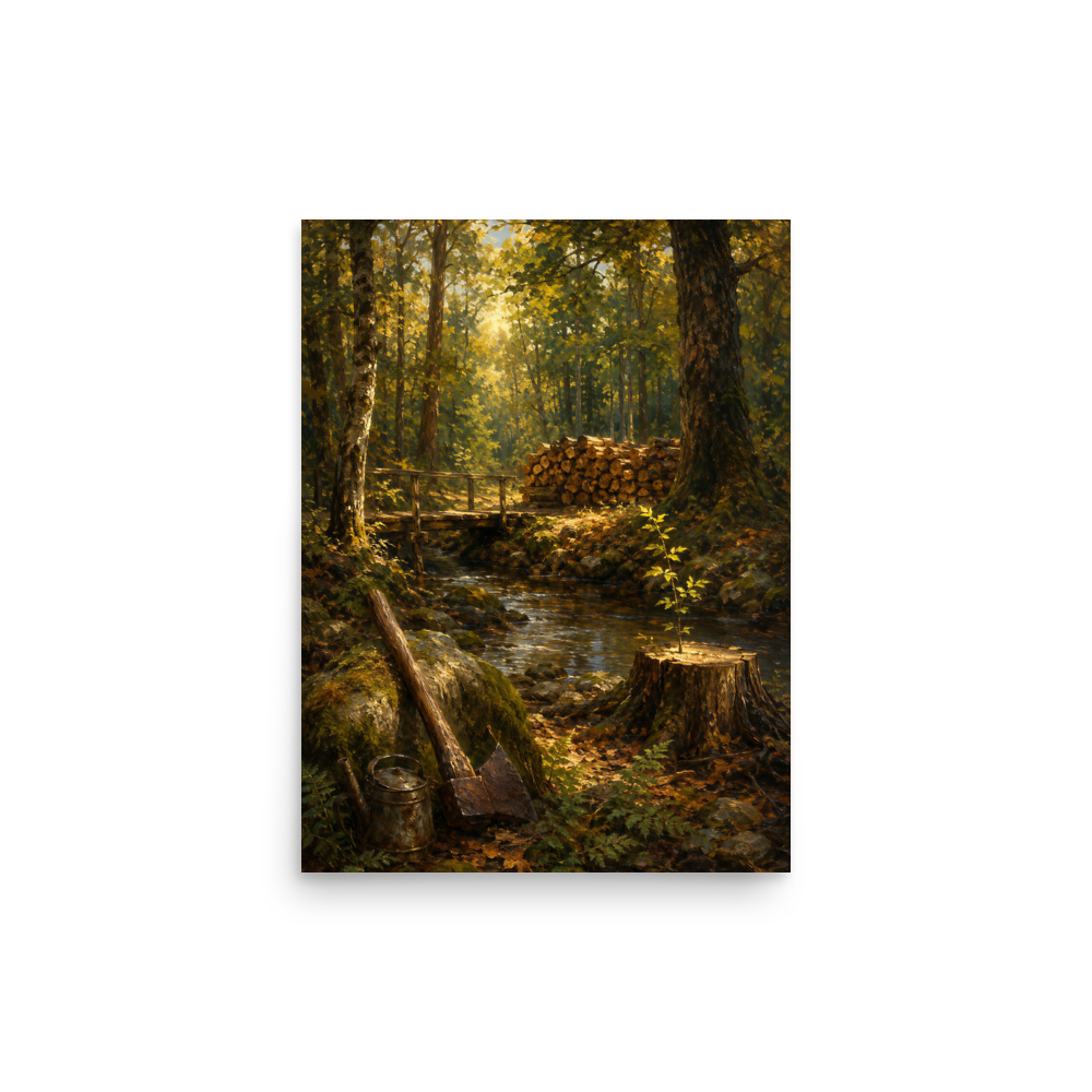 Forest Clearing poster featuring a woodland stream, rustic bridge, axe, stacked firewood, and a young sapling growing from a tree stump, inspired by Follow the Yellow Brick Road, original Visual Poetry artwork.