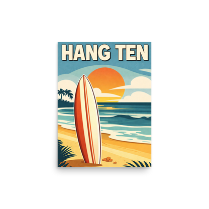 Hang Ten vintage surf poster with surfboard and California sunset beach scene