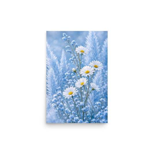 Minimalist floral art print featuring white daisies in a pale blue meadow with soft neutral tones