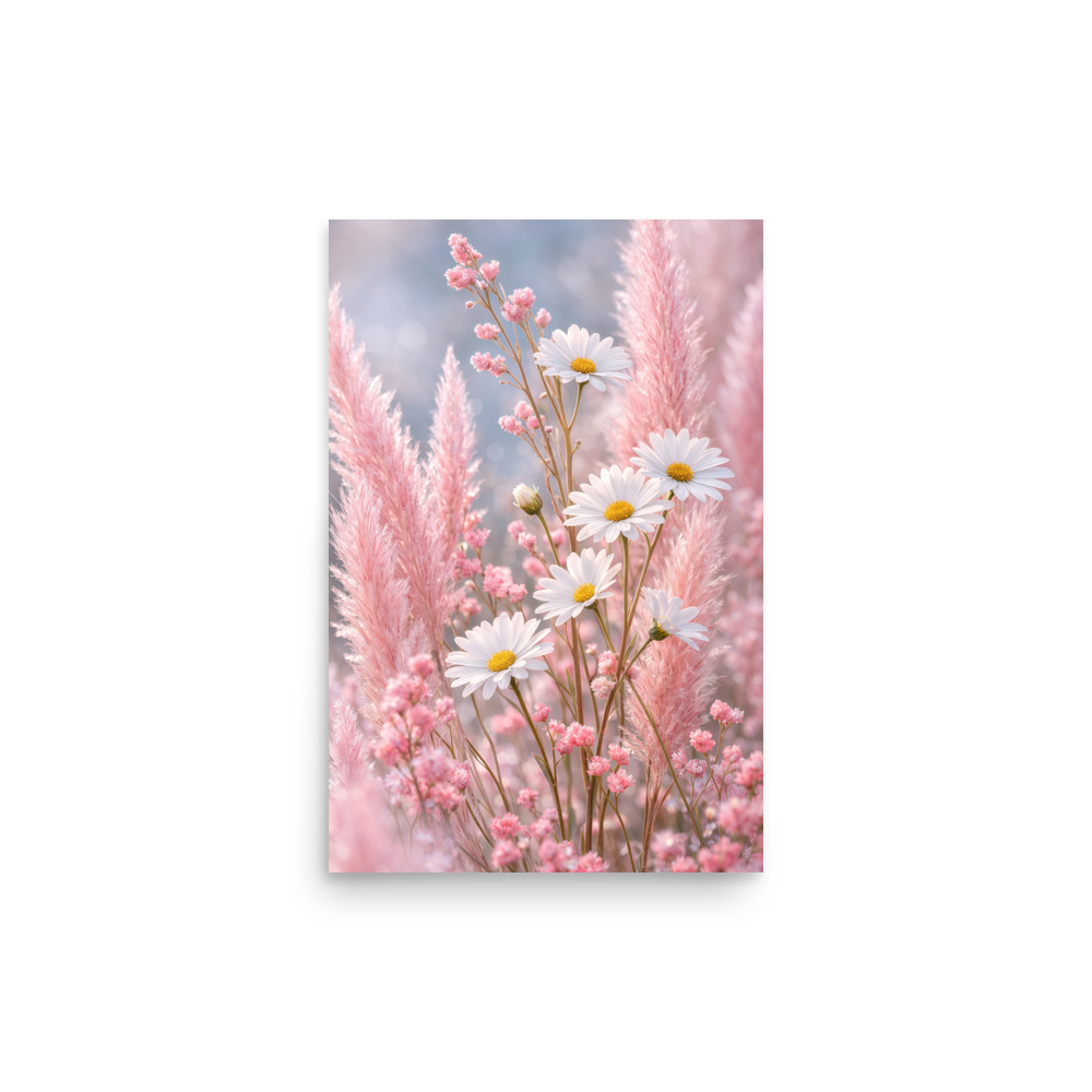 Minimalist blush floral art print with white daisies and soft pink grasses in neutral tones
