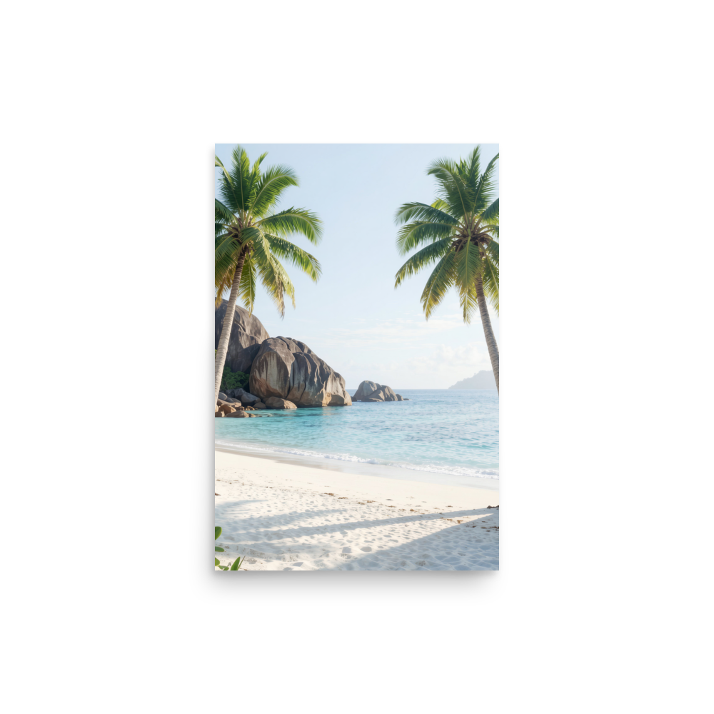 Tropical beach scene with two palm trees, turquoise ocean and white sand, calm aesthetic wall art print, JMTR Jeometry Store