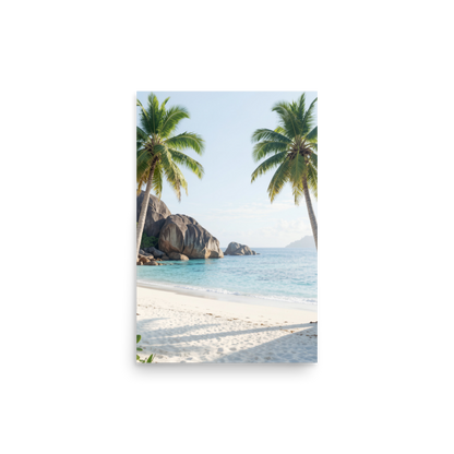 Tropical beach scene with two palm trees, turquoise ocean and white sand, calm aesthetic wall art print, JMTR Jeometry Store