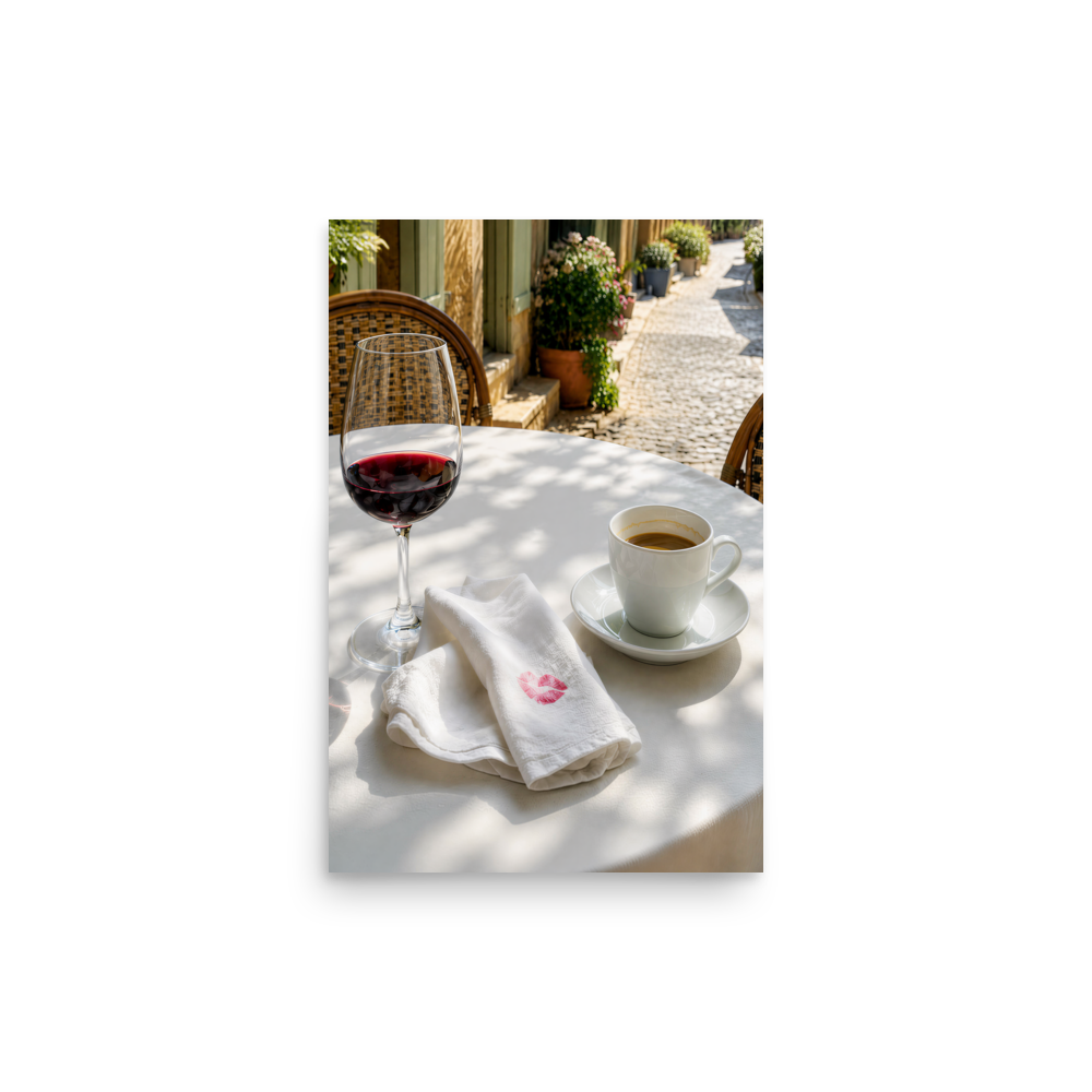 Sunlit café terrace table with red wine, espresso cup and linen napkin, calm aesthetic wall art print, JMTR Jeometry Store