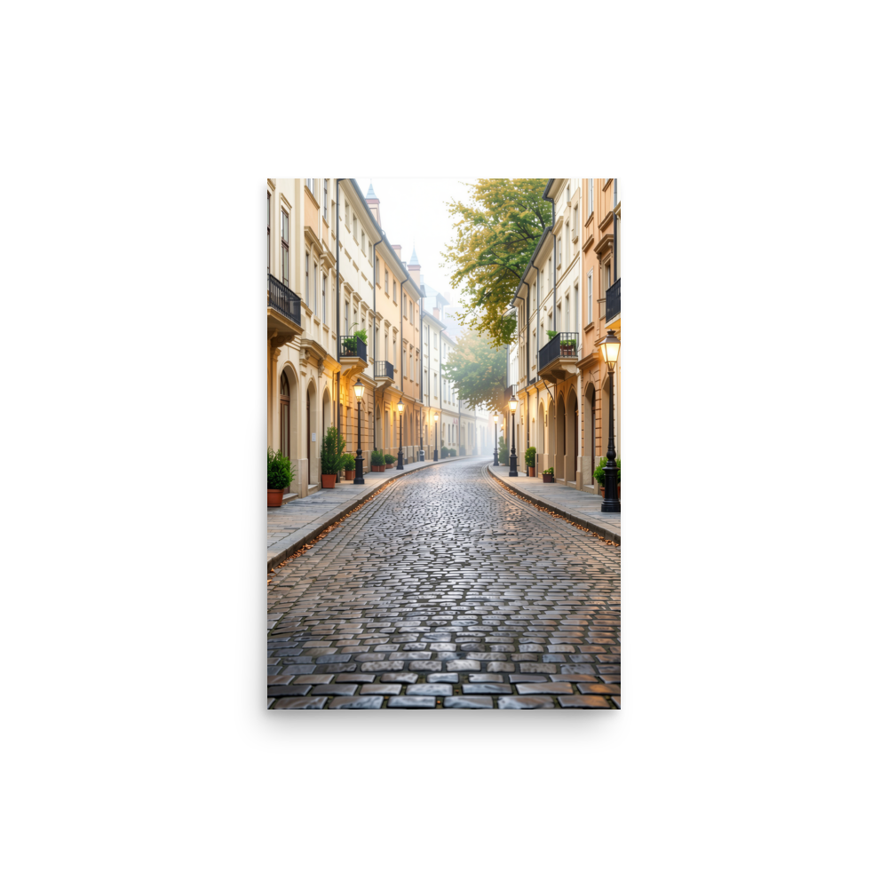 European cobblestone street at dawn, morning fog, glowing lanterns, calm aesthetic wall art print, JMTR Jeometry Store