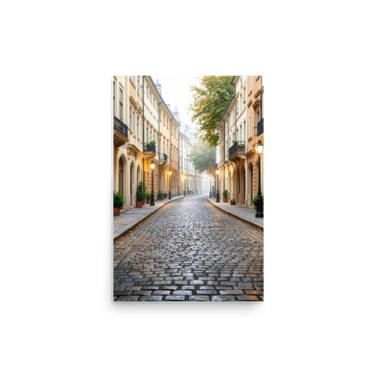 European cobblestone street at dawn, morning fog, glowing lanterns, calm aesthetic wall art print, JMTR Jeometry Store
