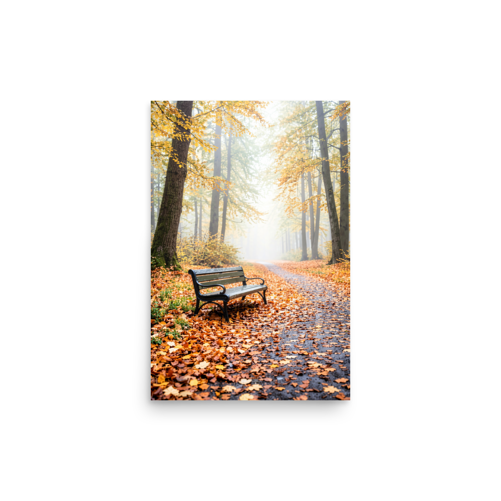Autumn park bench wall art print, foggy forest path with fall leaves, calm aesthetic poster, JMTR Jeometry Store