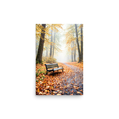 Autumn park bench wall art print, foggy forest path with fall leaves, calm aesthetic poster, JMTR Jeometry Store