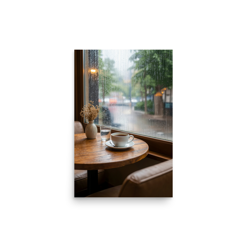 Rainy day cafe wall art print, coffee cup on wooden table by rain window, calm aesthetic poster, JMTR Jeometry Store
