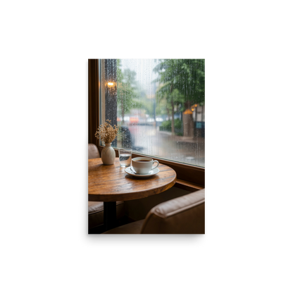 Rainy day cafe wall art print, coffee cup on wooden table by rain window, calm aesthetic poster, JMTR Jeometry Store