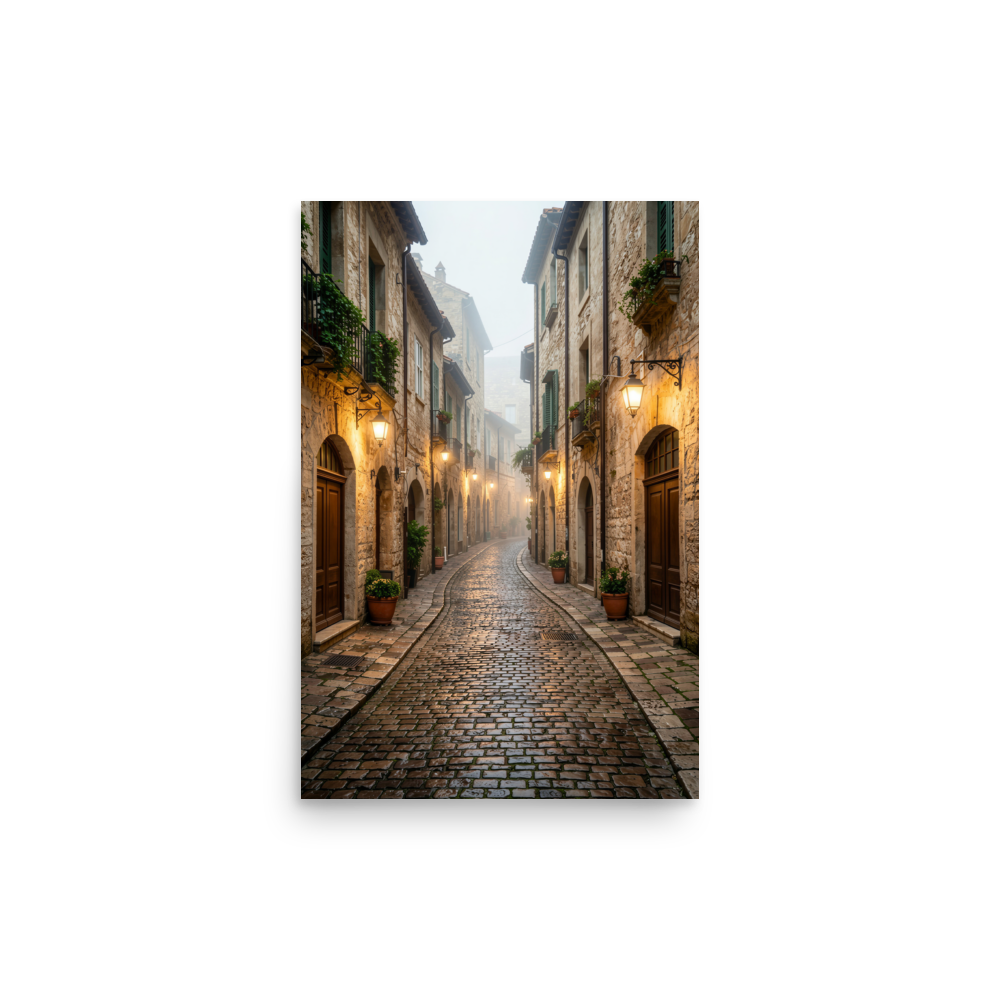 Italian village cobblestone street wall art print, warm lanterns foggy alley calm aesthetic poster, JMTR Jeometry Store