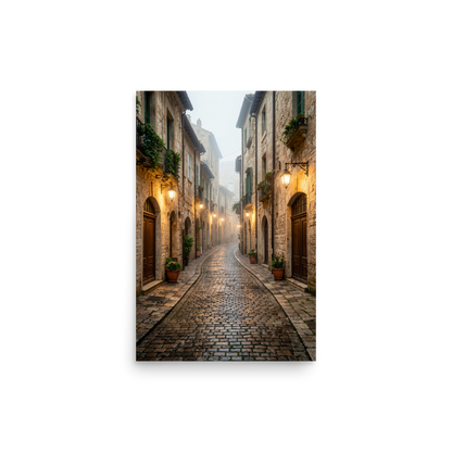 Italian village cobblestone street wall art print, warm lanterns foggy alley calm aesthetic poster, JMTR Jeometry Store