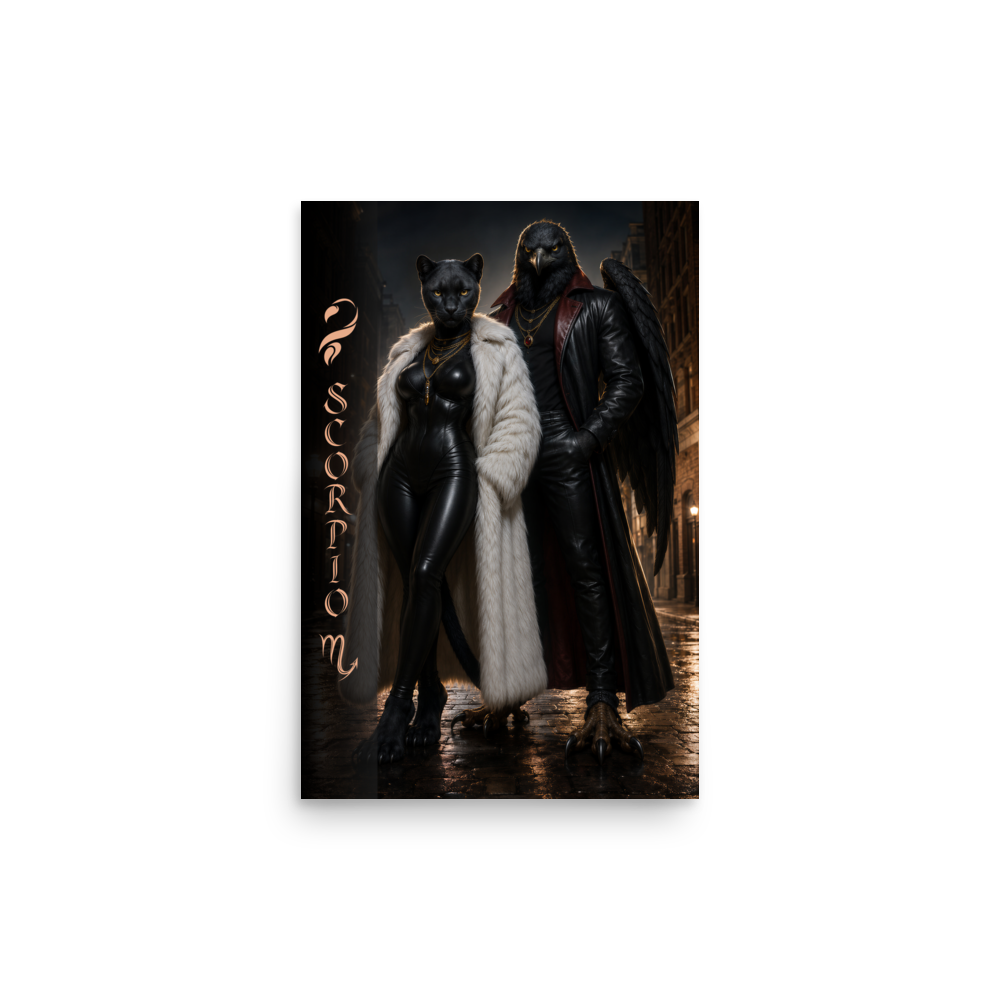 Scorpio power couple zodiac poster with black panther and black eagle