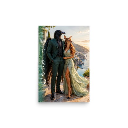Virgo power couple zodiac poster with raven king and deer queen