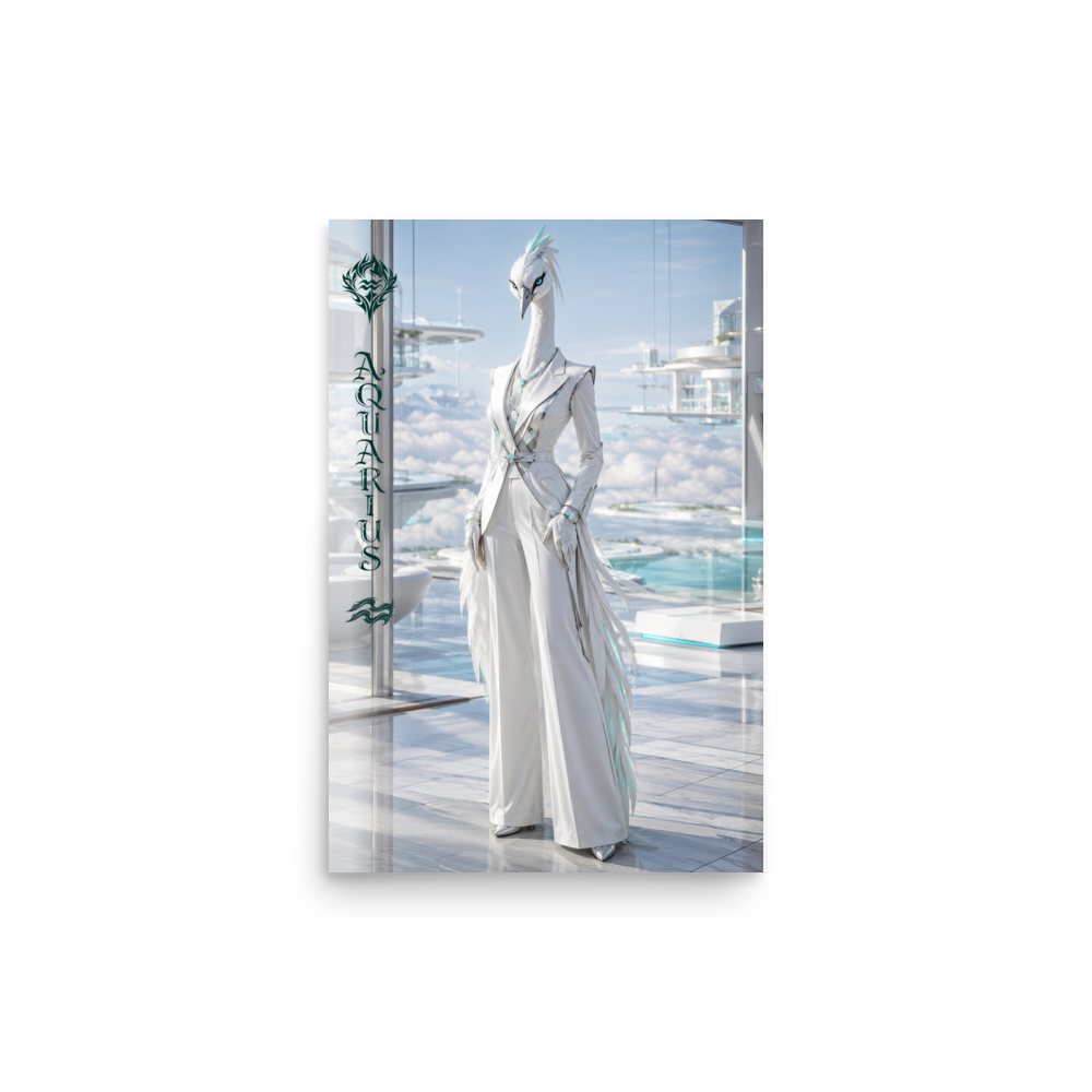 Aquarius woman zodiac poster featuring a white crane standing above the clouds in a futuristic celestial city