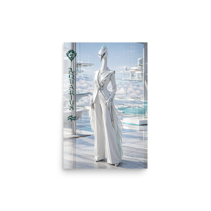 Aquarius woman zodiac poster featuring a white crane standing above the clouds in a futuristic celestial city
