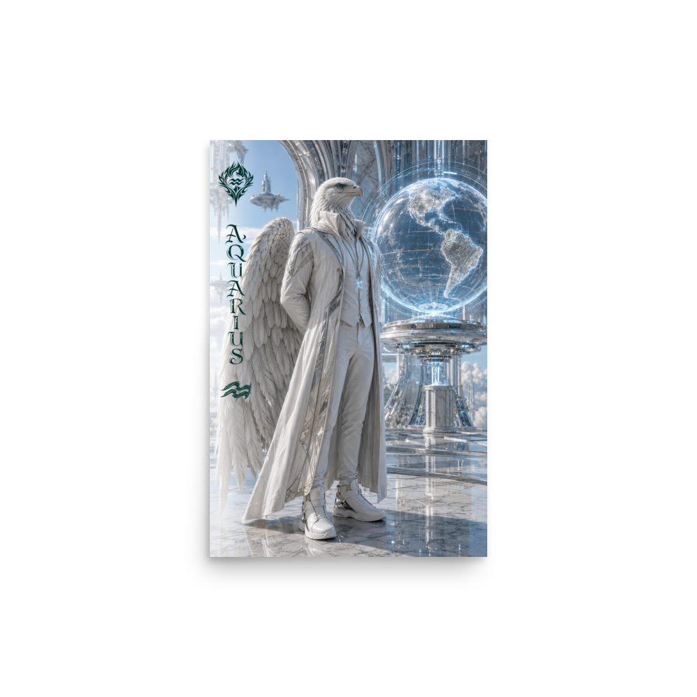 Aquarius man zodiac poster featuring a white eagle standing before a glowing world in a futuristic celestial city