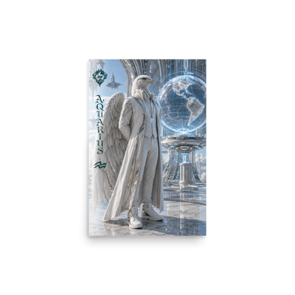 Aquarius man zodiac poster featuring a white eagle standing before a glowing world in a futuristic celestial city