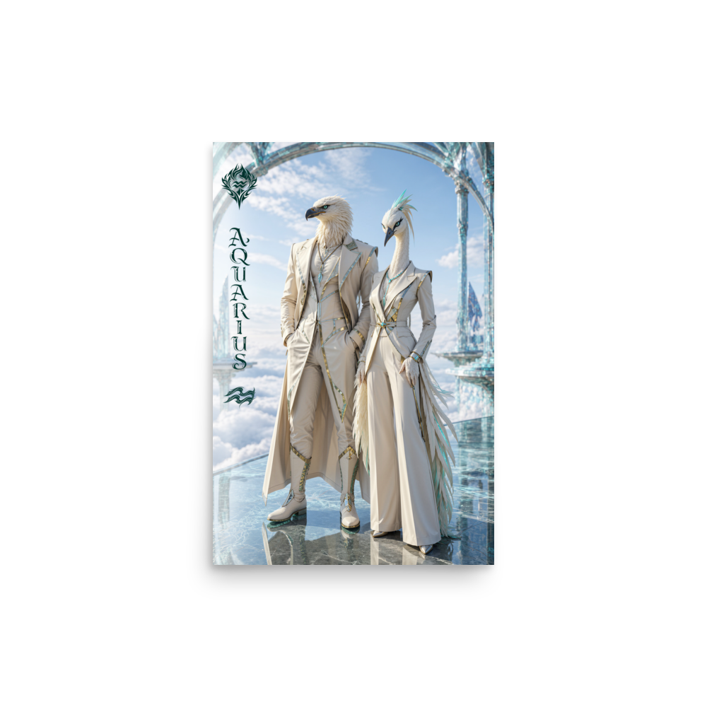 Aquarius power couple zodiac poster with eagle king and crane queen