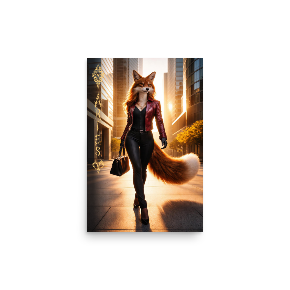Aries fox woman zodiac poster walking through a modern city at sunset