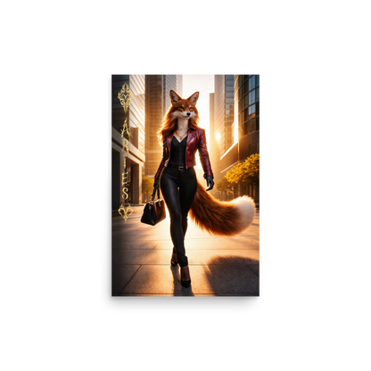 Aries fox woman zodiac poster walking through a modern city at sunset