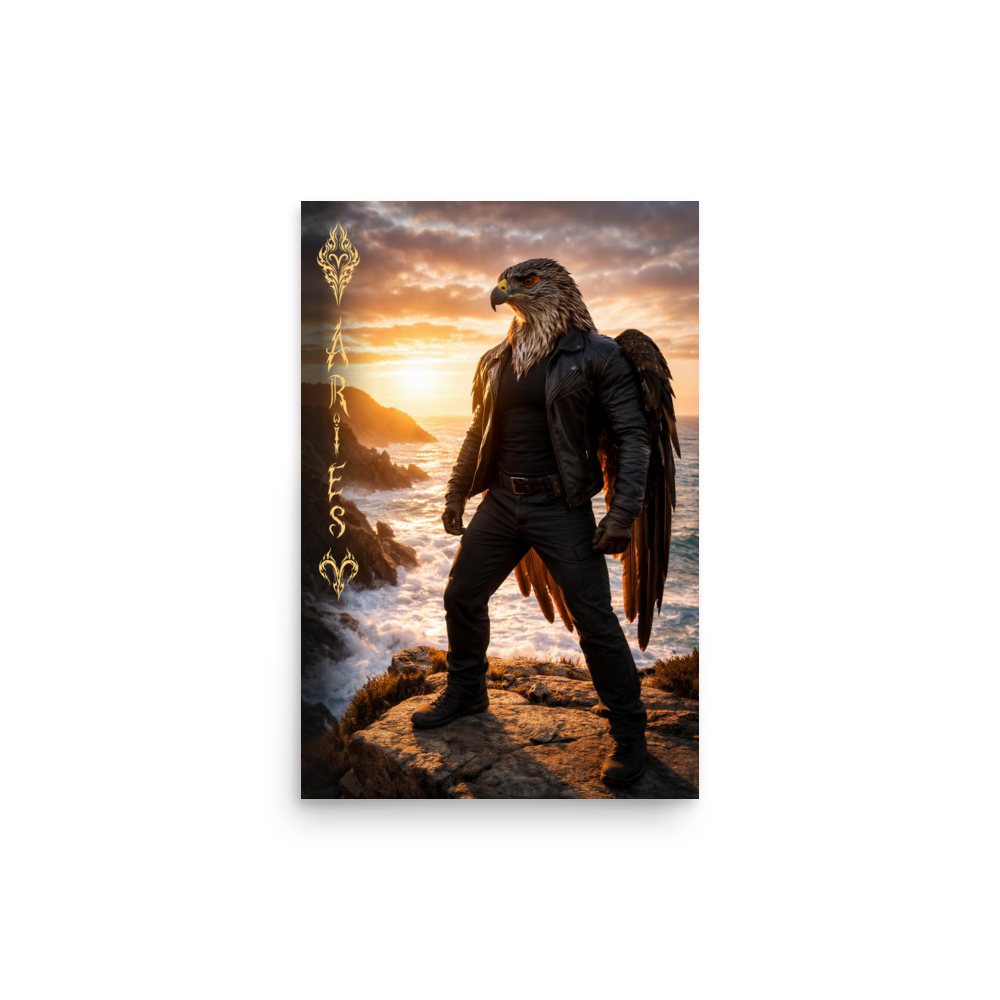 Aries man poster featuring a powerful eagle figure standing above ocean cliffs at sunset, symbolizing strength, courage, and leadership.