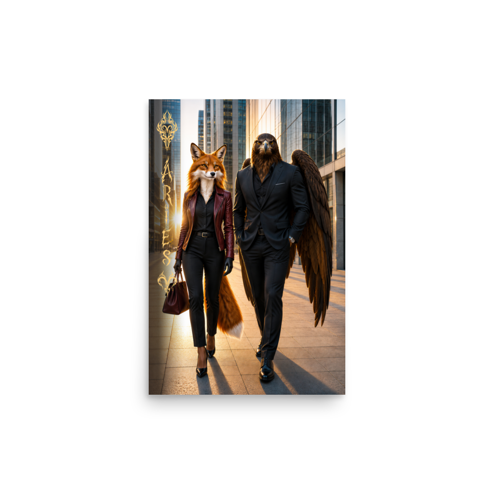 Aries power couple poster featuring eagle and fox archetypes walking together through a modern city, symbolizing strength, ambition, and partnership.