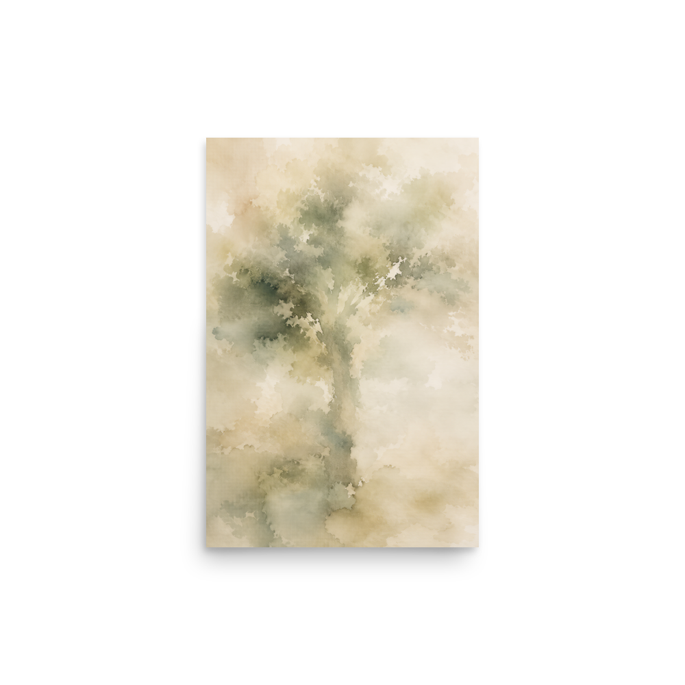 Minimalist nature-inspired poster with a softly emerging tree form in muted green and warm neutral tones
