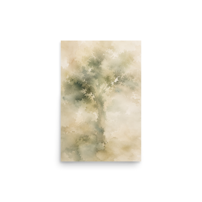 Minimalist nature-inspired poster with a softly emerging tree form in muted green and warm neutral tones