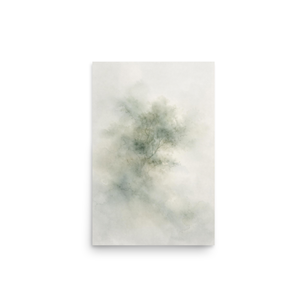Minimalist watercolor-inspired artwork with a softly emerging tree form and subtle neutral tones.