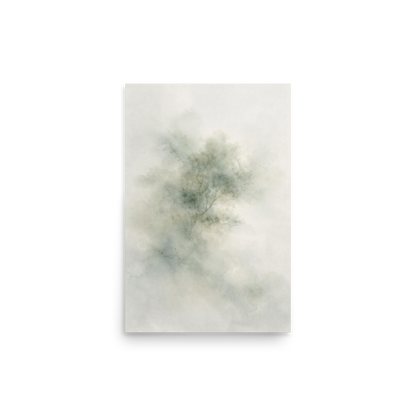 Minimalist watercolor-inspired artwork with a softly emerging tree form and subtle neutral tones.