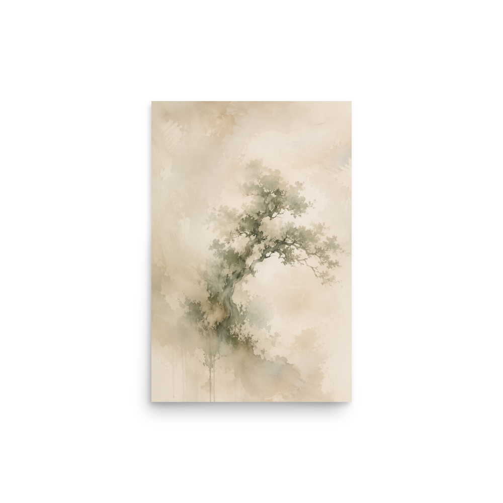 Minimalist nature-inspired poster featuring an emerging tree form in soft earthy neutral tones.