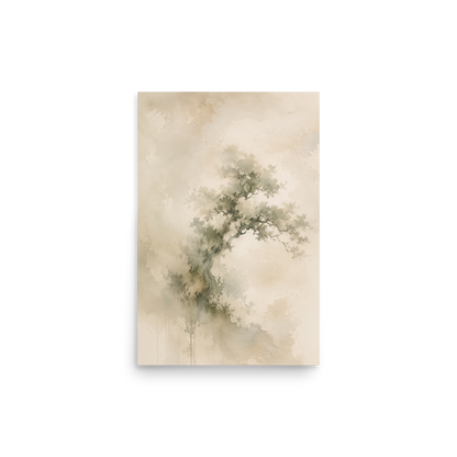 Minimalist nature-inspired poster featuring an emerging tree form in soft earthy neutral tones.