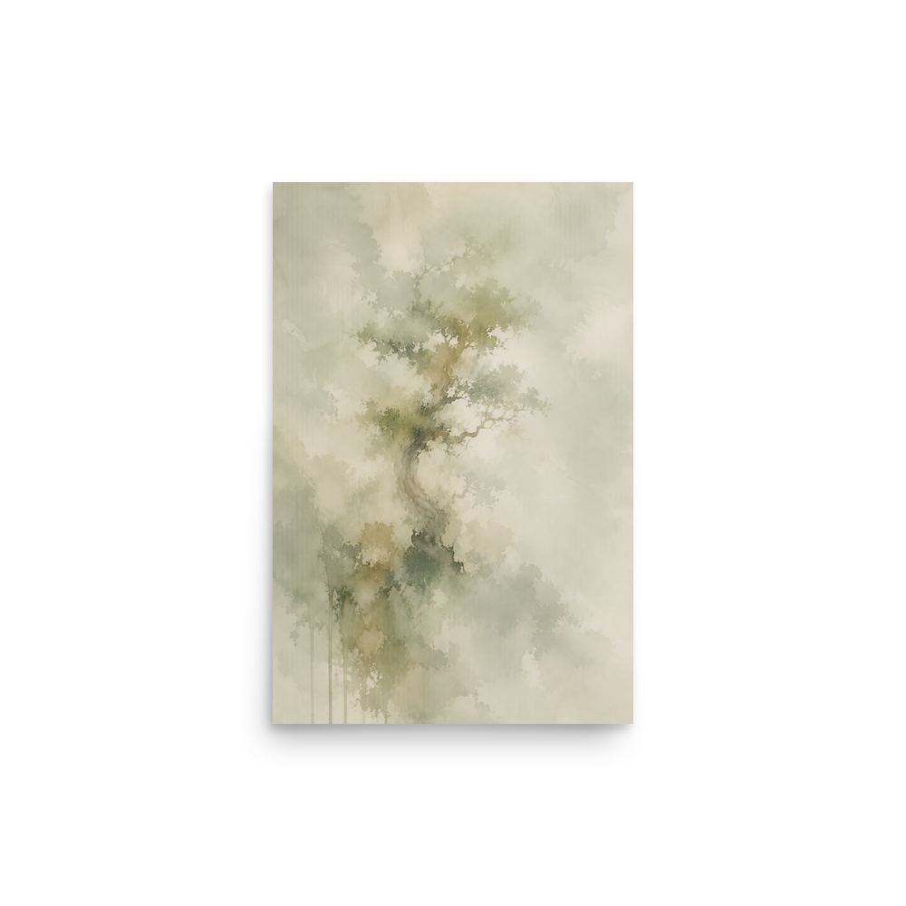 Minimalist nature-inspired poster featuring a softly emerging tree form in muted neutral tones and organic watercolor textures.