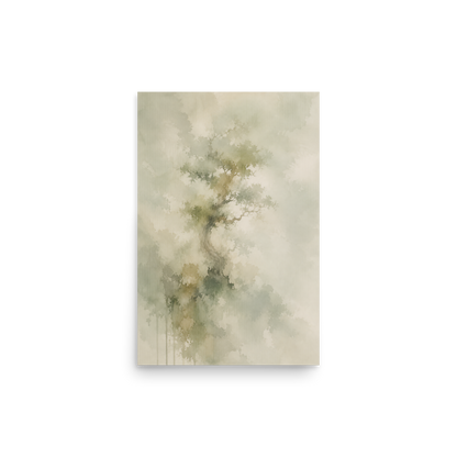 Minimalist nature-inspired poster featuring a softly emerging tree form in muted neutral tones and organic watercolor textures.
