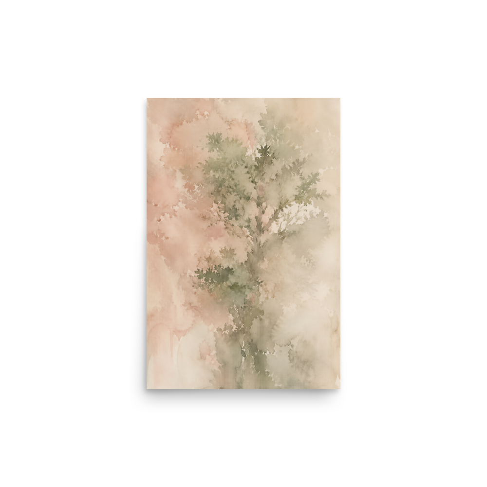 Minimalist nature-inspired poster featuring a softly emerging tree form in blush, sage, and warm neutral tones.