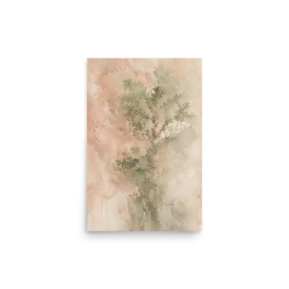 Minimalist nature-inspired poster featuring a softly emerging tree form in blush, sage, and warm neutral tones.