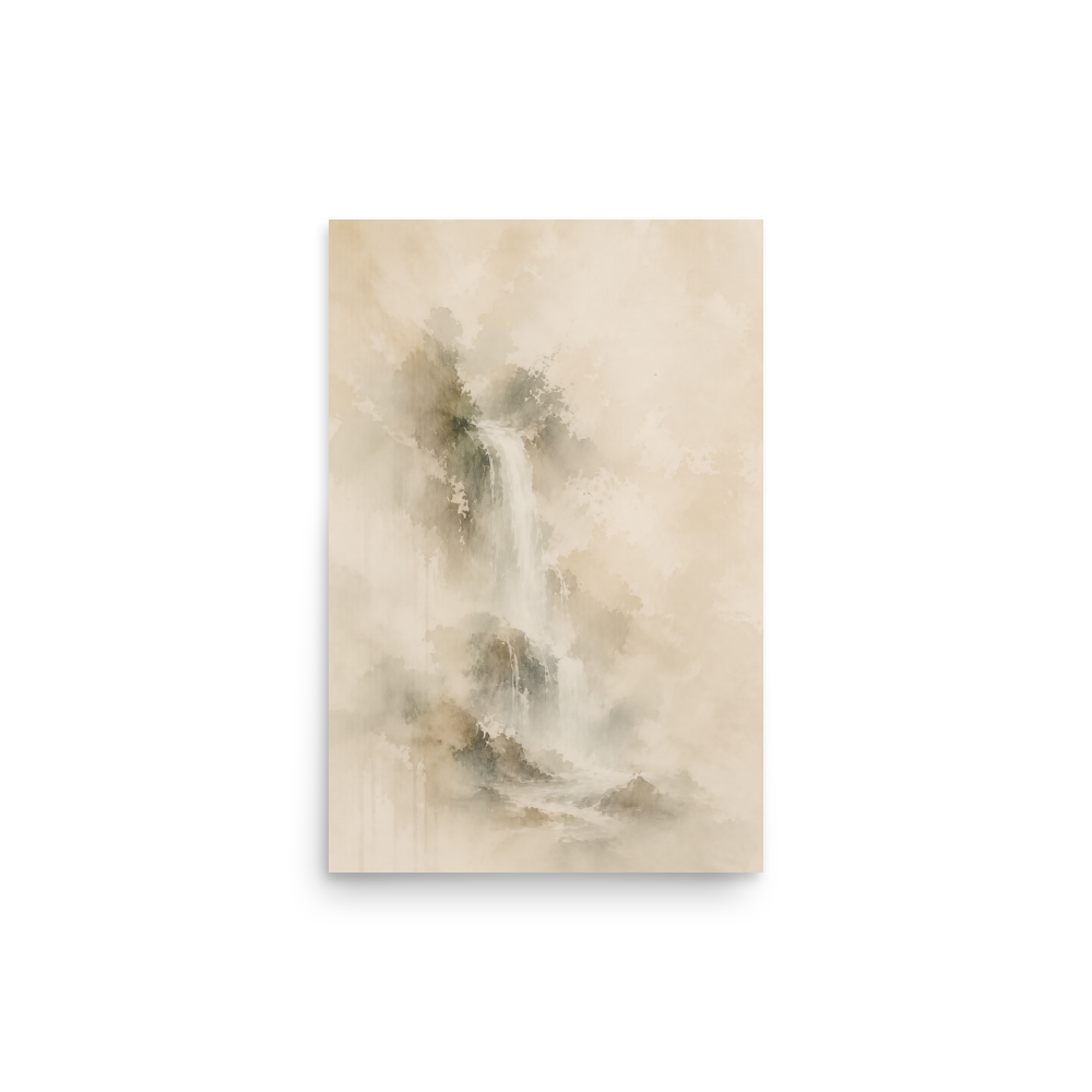 Minimalist waterfall-inspired poster featuring soft flowing forms in warm neutral and muted earth tones.